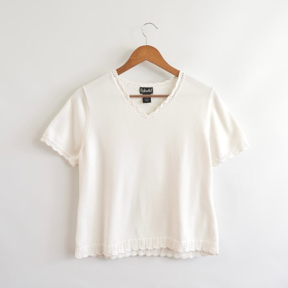 white sweater knit crochet trim pure cotton tee